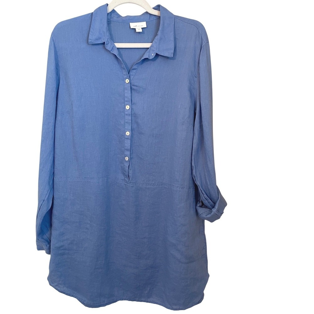 J.Jill Size M Tall MT Love Linen Tunic Shirt With Pockets Roll Tab Sleeve Blue